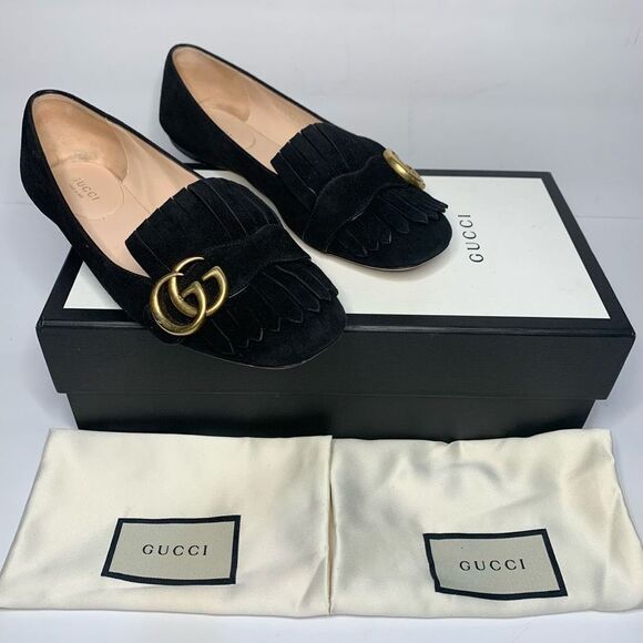 Gucci Shoes - Gucci Marmont Flats GG Kiltie Fringe Suede Loafer Black Size EU 36.5 US 6.5